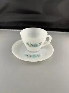 Fire King Cup 32 & Saucer 27 Vintage Oven Ware Bonnie Blue Carnation Flower