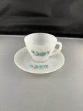 Fire King Cup 32 & Saucer 27 Vintage Oven Ware Bonnie Blue Carnation Flower