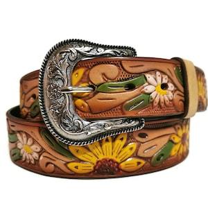 LEATHER BELT for WOMEN, Handmade, Western, Boho , With Removable Buckle, Brown , Embossed, Bohemian, Gift for Her