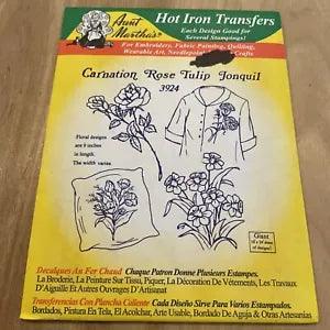 Vtg Aunt Martha's Hot Iron Transfers, 3924 Carnation Rose Tulip Jonquil Flower