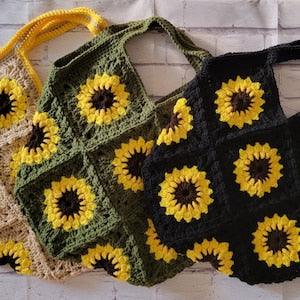 Handmade Crochet Sunflower Granny Square Tote Bag Beach Bag