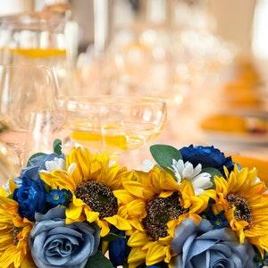 Dusty Blue with Sunflowers Bride Bouquet Dusty Blue and Navy Bride's Bouquet Navy Ranunculus Dusty Blue Roses and Sunflowers Maid's Bouquet