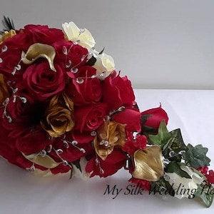 Wedding, Bouquet, Feathers, Red, Roses, Gold, Calla Lily, Ivory, Crystals, Bling, Accent, Cascade, Silk, Flowers,