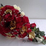 Wedding, Bouquet, Feathers, Red, Roses, Gold, Calla Lily, Ivory, Crystals, Bling, Accent, Cascade, Silk, Flowers,