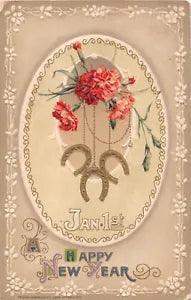1914 Winsch New Year Postcard of Small Horseshoes Hanging From Pretty Carnations