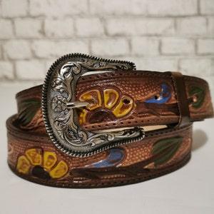 Leather belt for women, Handmade, sunflower