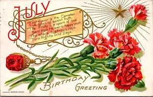 E. Nash Birthday Greetings Postcard July Carnation and Ruby Flower