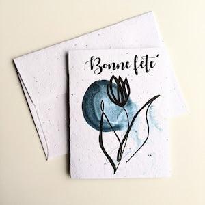 Happy birthday tulip on plantable seed paper or watercolor white paper, blue watercolor painting black tulip, birthday wishes