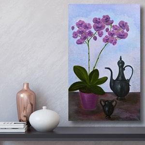 Orchid art. Colorful painting. Oil still life with purple orchid and elegant jug.