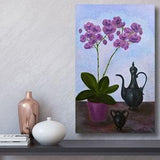 Orchid art. Colorful painting. Oil still life with purple orchid and elegant jug.