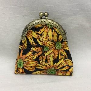 Sunflower Change Purse/Yellow & Black Coin Pouch/Mini Cosmetics Bag/Key Pouch/Lipstick Holder/Gold Filigree Purse Frame with Ball Clasp