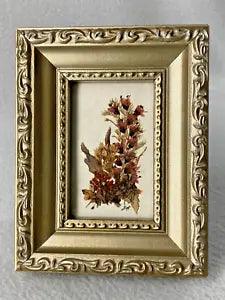Vintage Small Framed Art Dried Pressed Flowers 3.5"x4.5" Frame Gold Tone Ornate