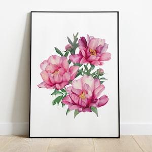 Pink peonies bouquet print. Watercolor floral wall art. Girls bedroom flowers decor. Printable peonies artwork. Farmhouse wall decor.