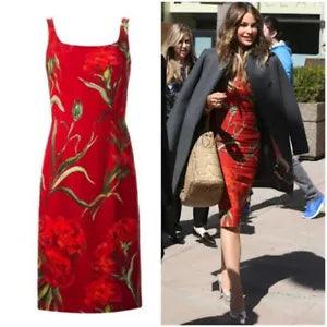 AUTH SS2015 Dolce&Gabbana carnation floral printed red cady dress 38it 2 US S