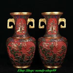 20" Old Chinese Dynasty Wood lacquerware Gilt Peony Flower Zun Vase Bottle Pair