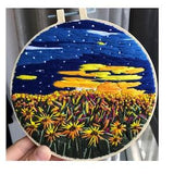DIY Craft- Hand Embroidery Kit- Sunflower Night (pre-printed pattern)- Hoop Art- Kids Craft- Pre Print Fabric- Needlework