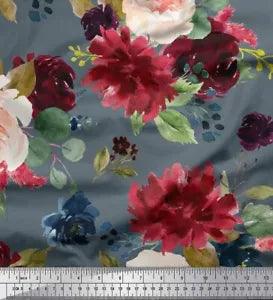 Soimoi Blue Velvet Fabric Leaves & Peony Floral Print Fabric by-DYE