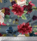 Soimoi Blue Velvet Fabric Leaves & Peony Floral Print Fabric by-DYE