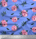 Soimoi Blue Cotton Poplin Fabric Leaves & Ranunculus Floral Fabric-Flh
