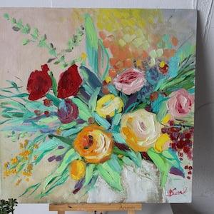 Floral Bouquet green yellow oil Painting original, Floral Rose's Oil painting flower, floral wall art, Modern Art, Original Painting