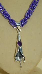 925 Sterling Silver & Amethyst Lily Pendant on Hand-Made Chain Maille Necklace