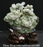 16" Chinese Natural Xiu Green Jade Carving Peony Flower Bird Lucky Sculpture