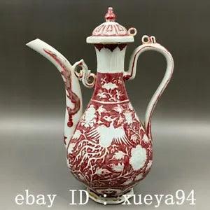 China old Yuan Dynasty Red Glaze Porcelain Peony Flower Phoenix Flagon Wine pot