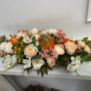 Autumn table centerpiece long with pumpkins, Fall artificial flowers arrangement for table decor, Halloween decoration, Orange  fake flowers