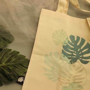 HAND Painted Tote Bag,Eco Friendly Reusable Tote,Shopping Bag, Monstera tote bag, Green Earth tote bag,Eucalyptus Bag, Colourful leaves bag