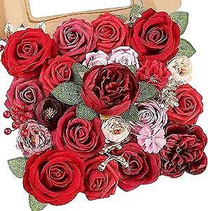 Red Artificial Flowers Combo Silk Mix Peony Rose Fake Flowers w/Stem for