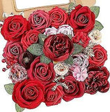 Red Artificial Flowers Combo Silk Mix Peony Rose Fake Flowers w/Stem for