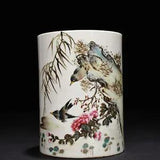 5.9" Porcelain Republic China dynasty famille rose peony flower bird Brush Pot