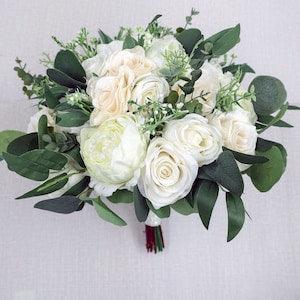 Ivory Cream White Greenery Wedding Bouquet, Boho Bouquet For Weddings, Bridal and Bridesmaids Faux Bouquets, Artificial Wedding Flowers