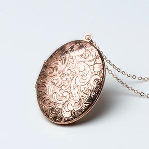 LARGE Floral Design Rose Locket Necklace, Oval Big Picture Locket, Paisley Pink Flower Jewelry, Rose Gold Bouquet Locket, Picture Necklace
