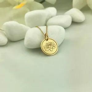 Water Lily Coin Pendant 14k Yellow Gold Personalized Jewelry July Birth Flower