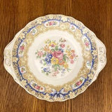 Royal Albert, Valentine, Handled Cake Plate, Blue and Gold Lace Design with Floral Bouquet