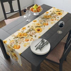 Whimsical Sunflowers and Daisies Summer Table Runner, Floral Home Decor, Country or Farmhouse Style Homes, Orange and White, 72" or 90"