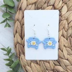 Blue Hippie Bus with Daisy Sunflower Polymer Clay Earrings Van with Flower