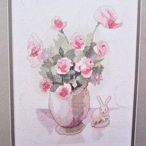 Rose Bouquet Cross Stitch Pattern/ Pink rose & rabbit counted cross stitch chart, picture