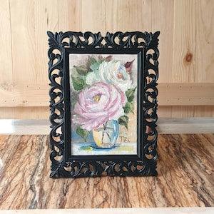 Shabby chic original oil roses bouquet in vase painting on canvas with frame