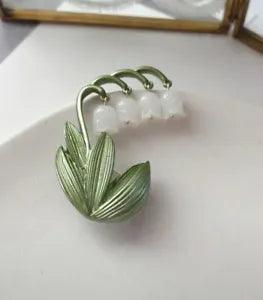 Lily Of The Valley Brooch Pin, White And Green, Moving Flowers, Elegant