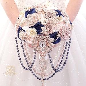 Navy blue Rose Gold pink wedding bridal  brooch bouquet.