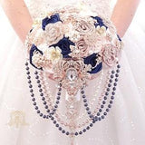 Navy blue Rose Gold pink wedding bridal  brooch bouquet.