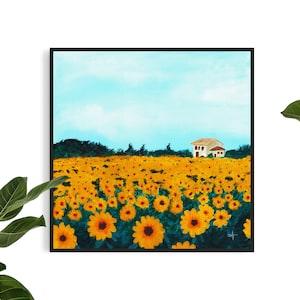 Sunflower Field Art Print, Flower Meadow Art, Flower Art Print, Floral Art Print, Sunflower Art, Landscape Painting, Canvas Art, Flowerfield