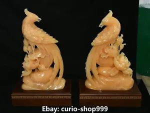 20" Unique Natural Yellow Jade Fenghuang Phoenix Bird Peony Flower Statue Pair