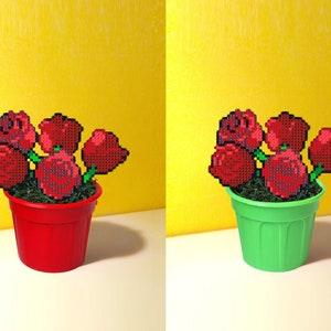 Fake Bouquet of Red Roses, Faux Small Flower, Hama Beads, Pixel Art, 8 Bit Blume, Valentines Gift for Her, Comic Roses, Valentines Day Decor