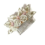 Hand Beaded Flowers and Leaves Hair Comb Perfect for the Bride, with pearls and seed beads, beaded rose flower