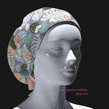 Plant scrub caps for women,bouffant scrub cap for woman,ponytail scrub cap,scrub hats. Cute scrub hat with orchids.