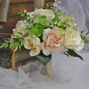 habby Chic Bridal Bouquet Handcrafted with Coral and Ivory Roses - Romantic Elegance and Charm"