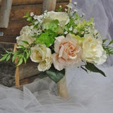 habby Chic Bridal Bouquet Handcrafted with Coral and Ivory Roses - Romantic Elegance and Charm"